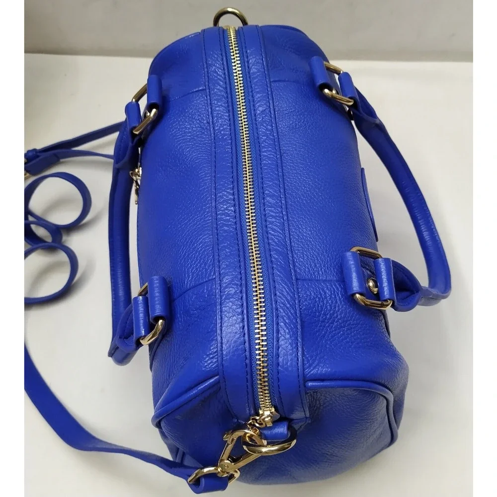 Terzetto Blue Pebbled Leather Double Handle Zipper Closure Satchel Shoulder Bag